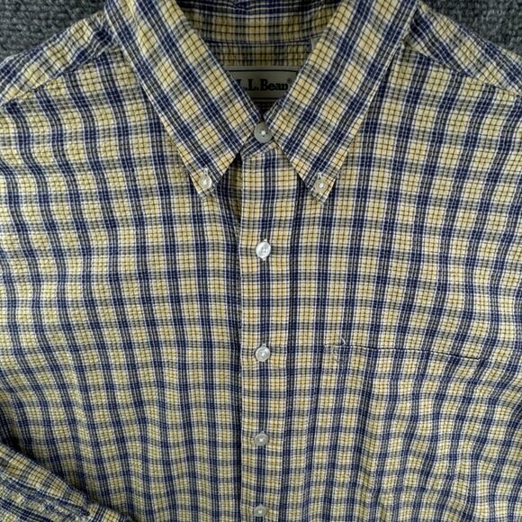 VTG LL Bean Textured Yellow Blue Plaid Long Sleeve Button Up Shirt Medium Cotton - Picture 1 of 15